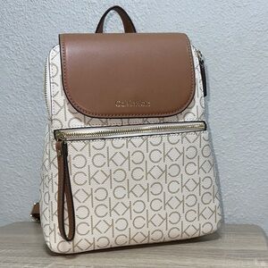 Calvin Klein Cream Canvas Mini Backpack with Brown Trim
